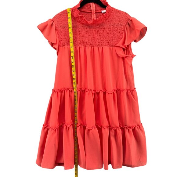 Bleecker 126 Smocked Tiered Dress Salmon Pink Short Sleeve Ruffle Pleated Sz 16 - Picture 6 of 9